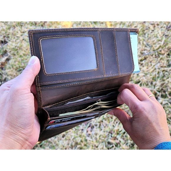 Genuine Leather Wallet with Window ID, Rustic Brown, Woman Full-Length Wallet - Picture 3 of 5